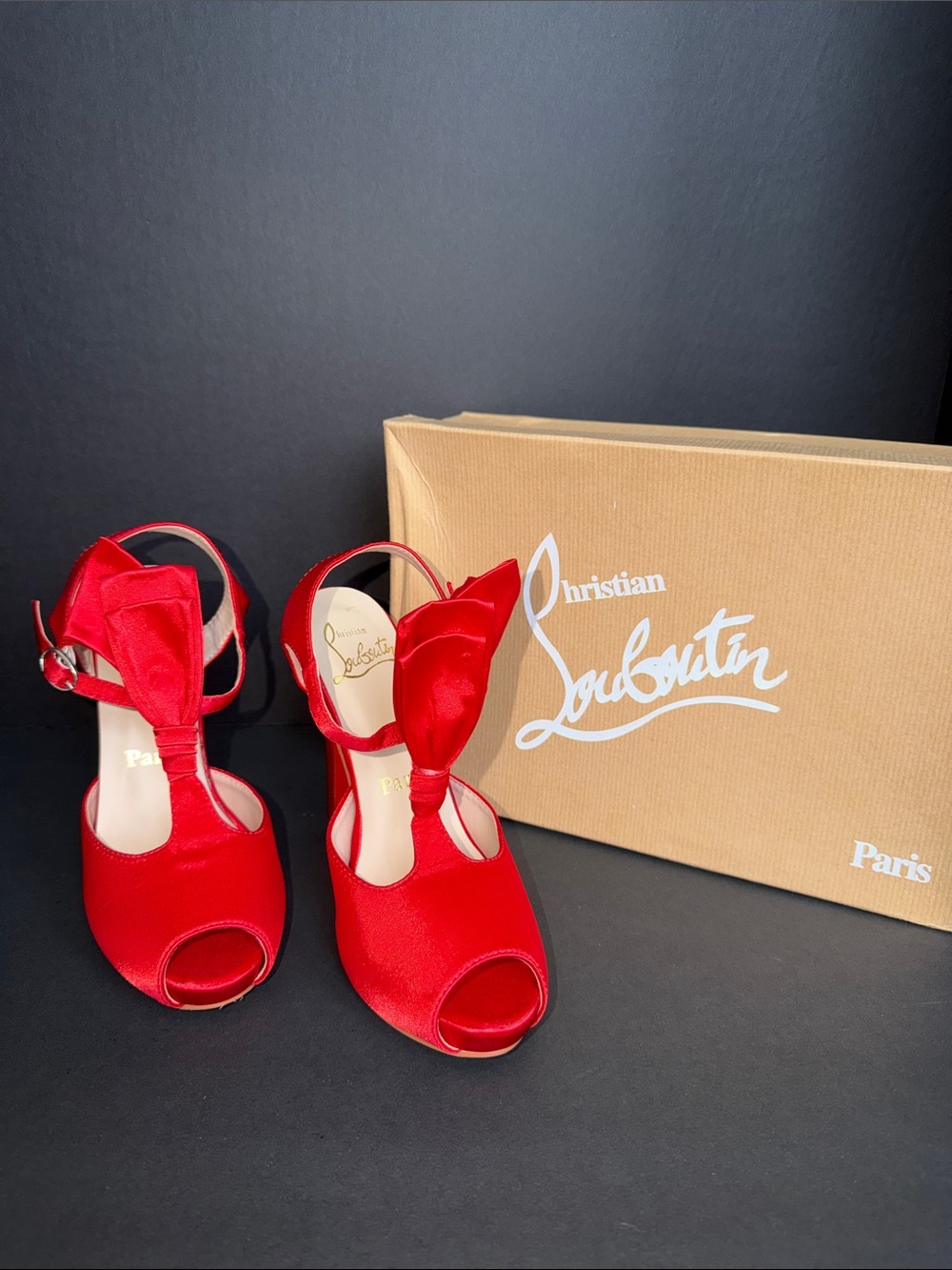 Christian Louboutin Red Satin Peep-Toe Heels with Bow Accent-Sz 35